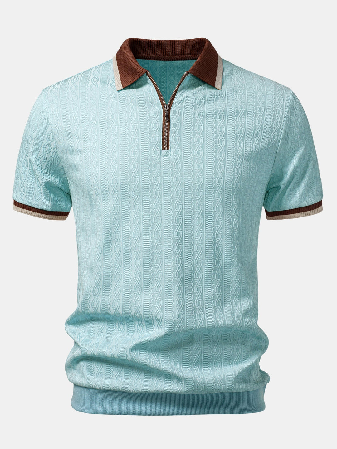 Contrast Trim Textured Zipper Knit Polo &amp; Elastic Waist Chino Shorts