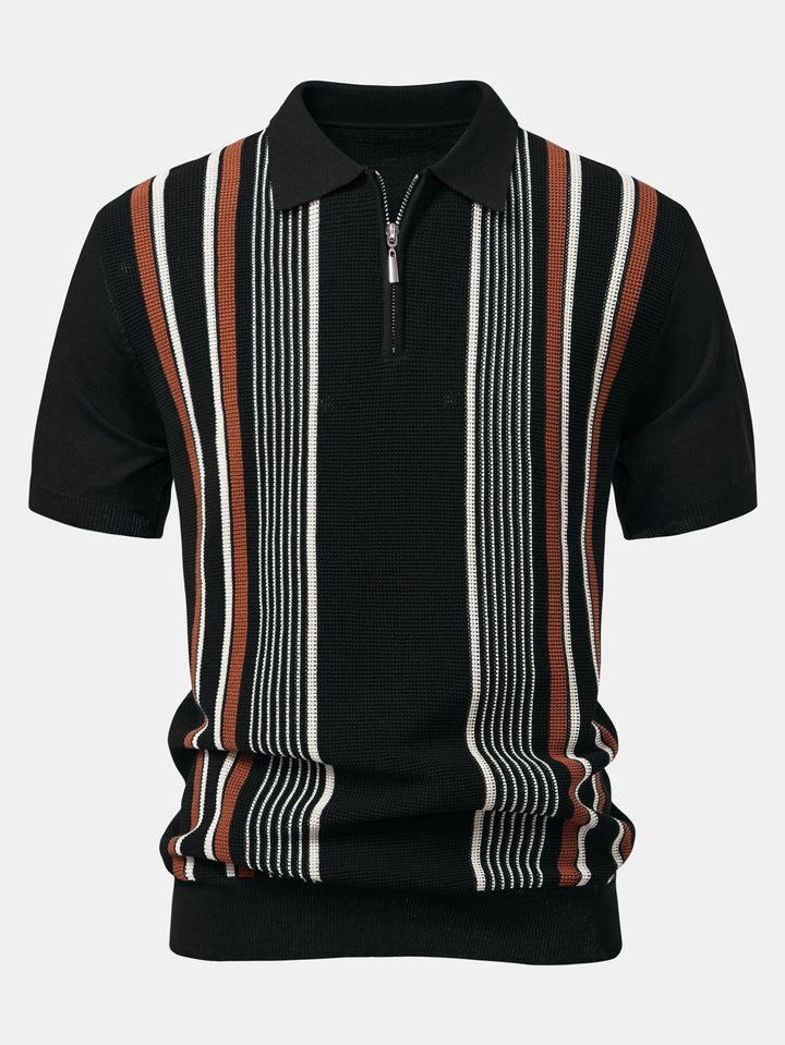 Stripe Knit Zip Up Polo Shirt &amp; Straight Leg Linen Pants