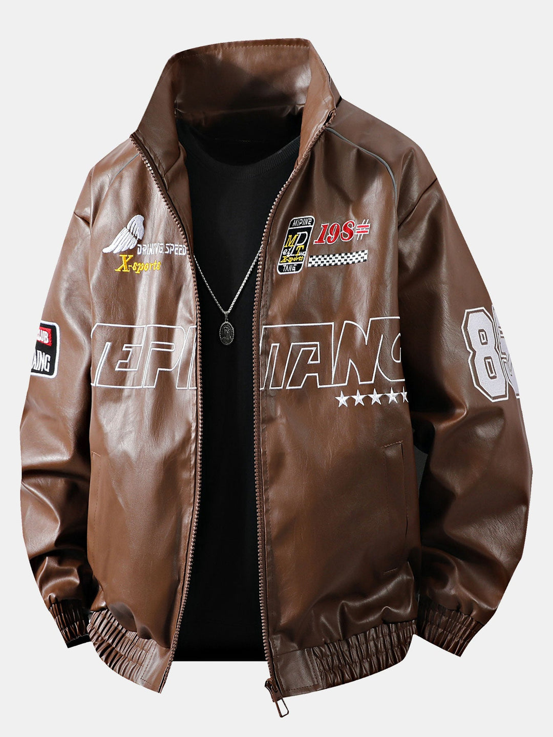 Fleece Lined Embroidery Leather Racing Jacket