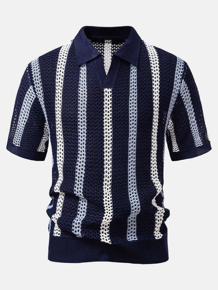 Striped Crochet V Neck Polo &amp; Crinkle Textured Drawstring 5" Shorts