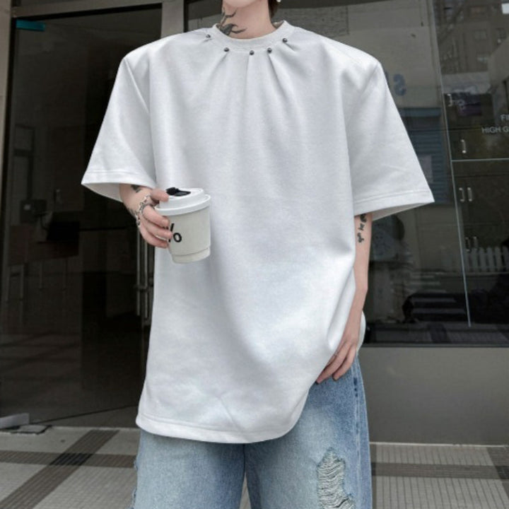 Crew Neck Loose T-shirt with Pleats and Studs