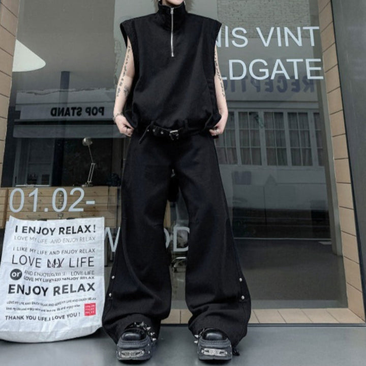 Stand-up Collar Zipper Denim Vest and Trousers Two-piece Set