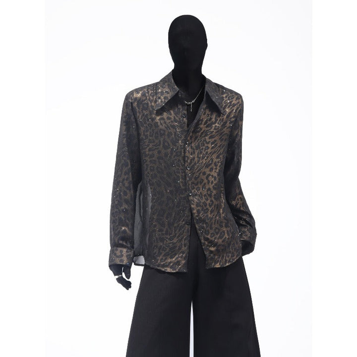 Sheer Gold Foil Leopard Print Shoulder-Pad Shirt