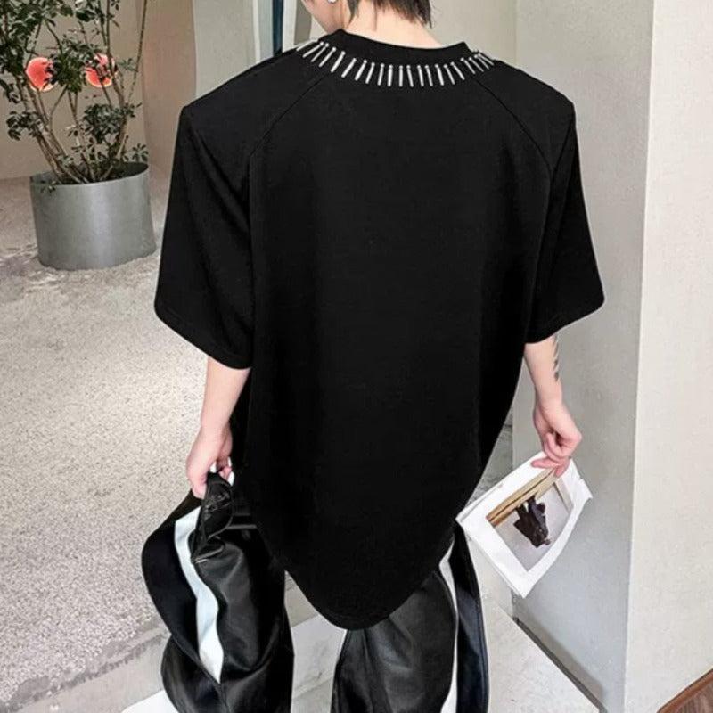 Hand-Beaded Neckline Short-Sleeve Shoulder Pads T-Shirt