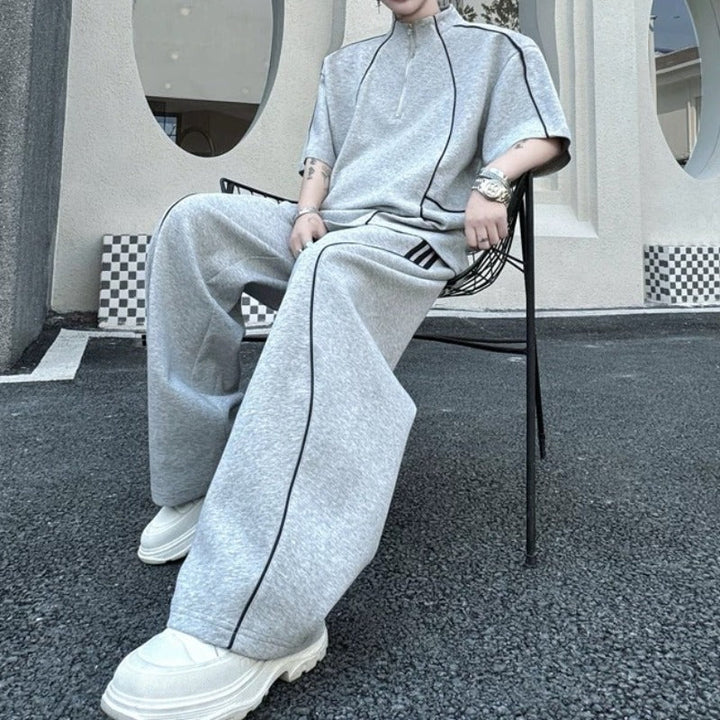 Stand-Collar Short-Sleeve Contrast Piping T-Shirt with &amp; Zip-Front Wide-Leg Trousers Two-Piece Set