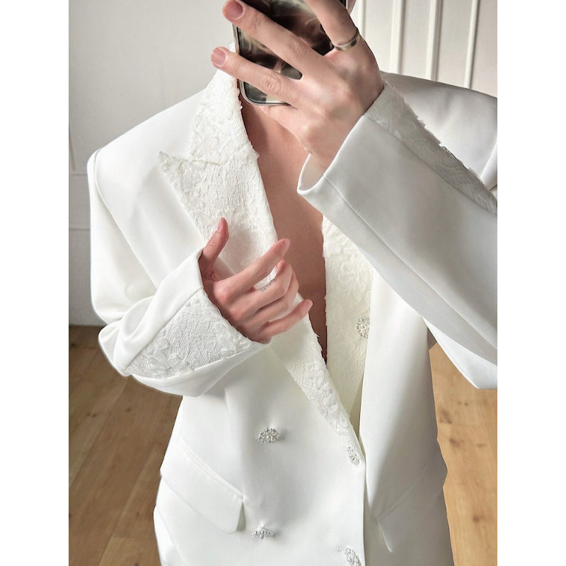 Lace-Paneled Double-Breasted Blazer with Shoulder Pads