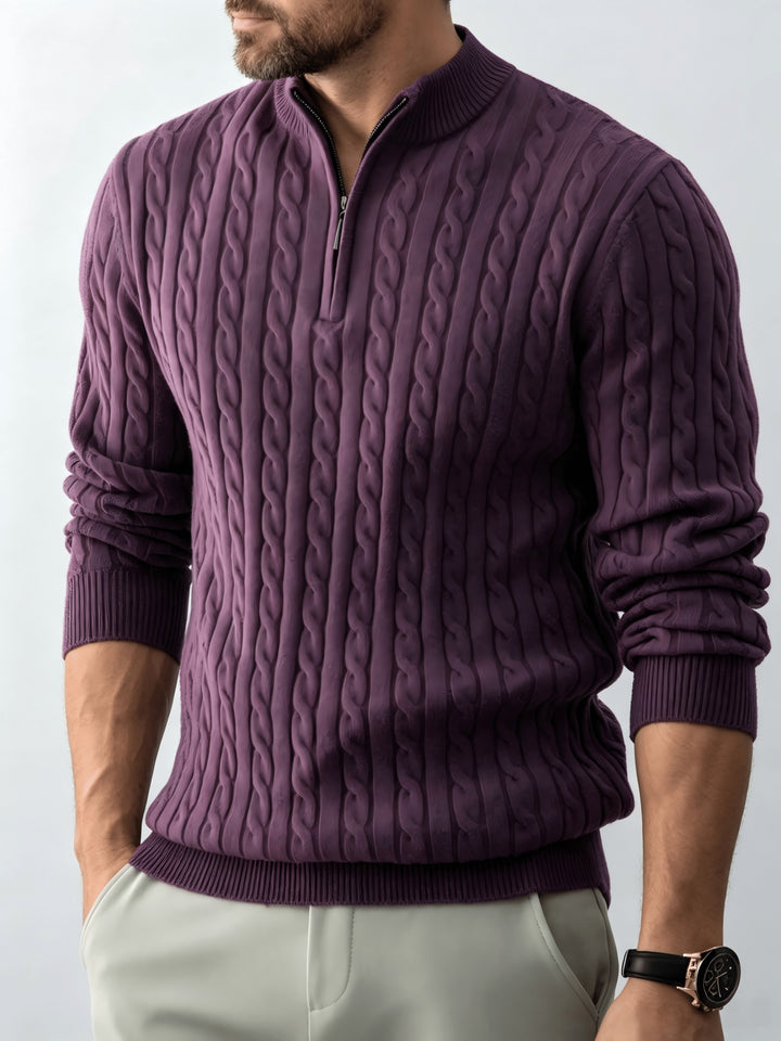 Half-Zip Stand Collar Cable Knit Long-Sleeve Sweater