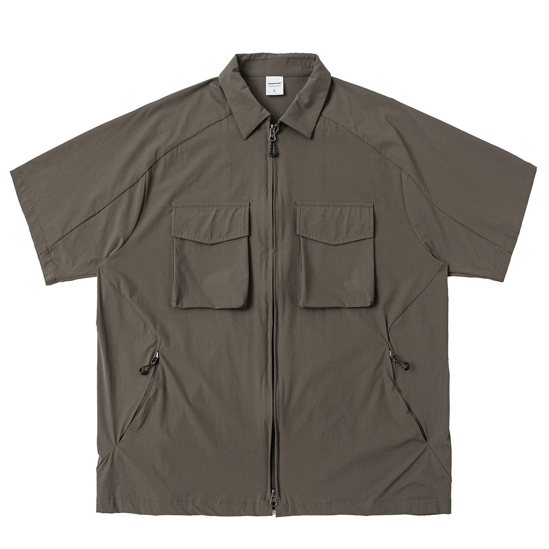 Multi-pocket Loose Two-way Zip Collar T-shirt