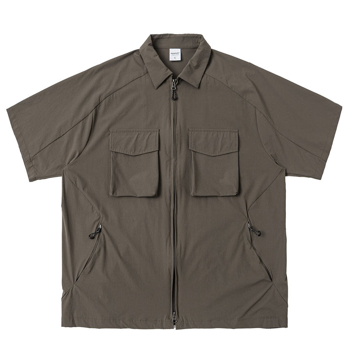 Multi-pocket Loose Two-way Zip Collar T-shirt