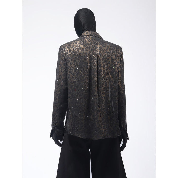 Sheer Gold Foil Leopard Print Shoulder-Pad Shirt
