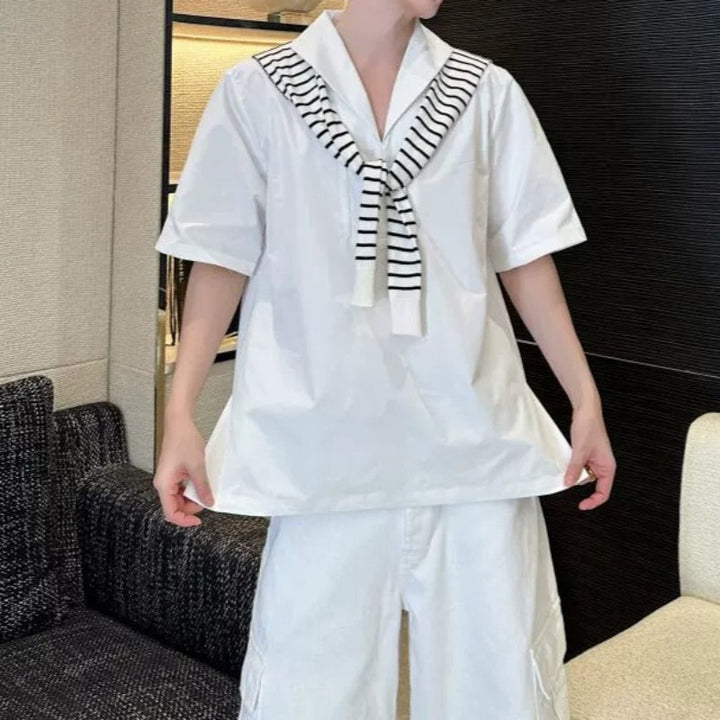 Striped Short-Sleeve Shirt with Shawl Detail