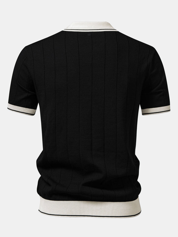 Contrast Trim Ribbed Johnny Collar Knit Polo &amp; Elastic Waist Straight Leg Trousers