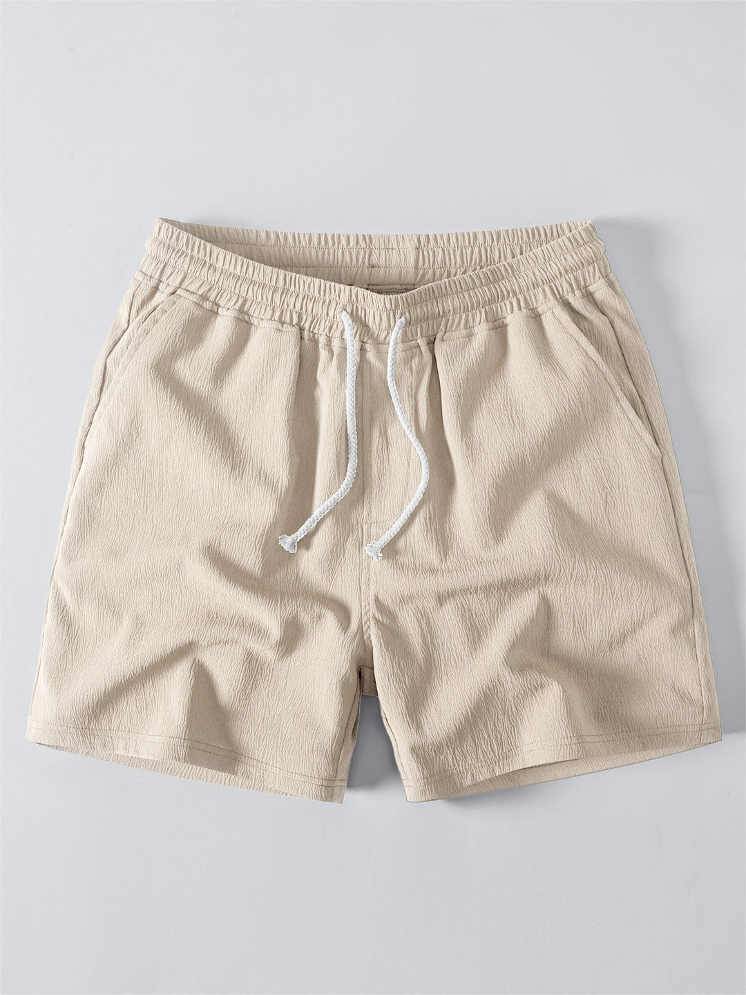 Striped Crochet V Neck Polo &amp; Crinkle Textured Drawstring 5" Shorts