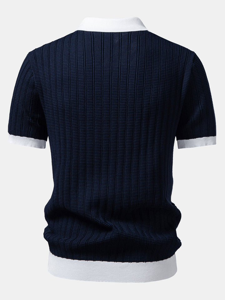 Contrast Textured Johnny Collar Knit Polo &amp; Elastic Waist Straight Leg Trousers