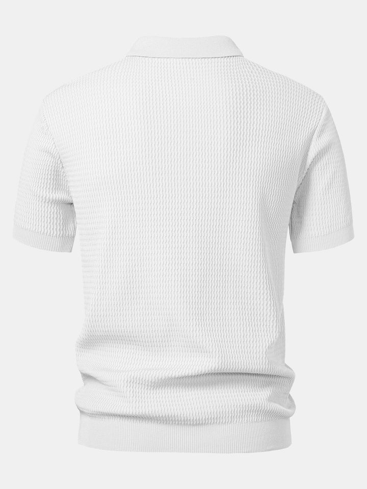 Wave Jacquard Knit V Neck Polo Shirt &amp; Straight Leg Ribbed Pants