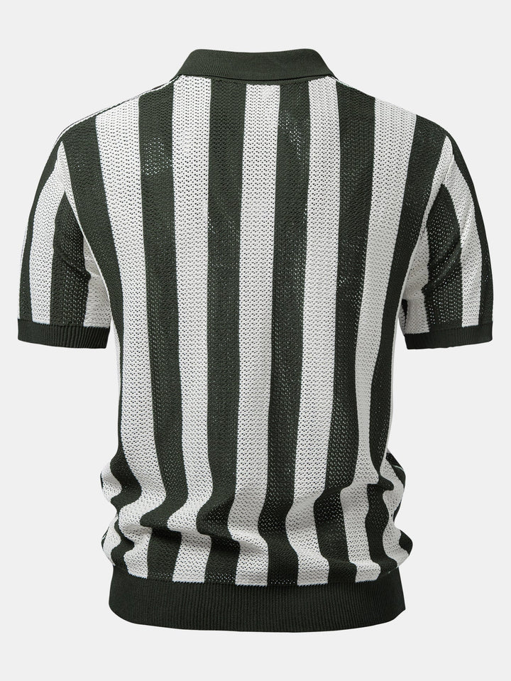 Striped V Neck Open Knit Polo &amp; Crinkle Textured Drawstring 5" Shorts