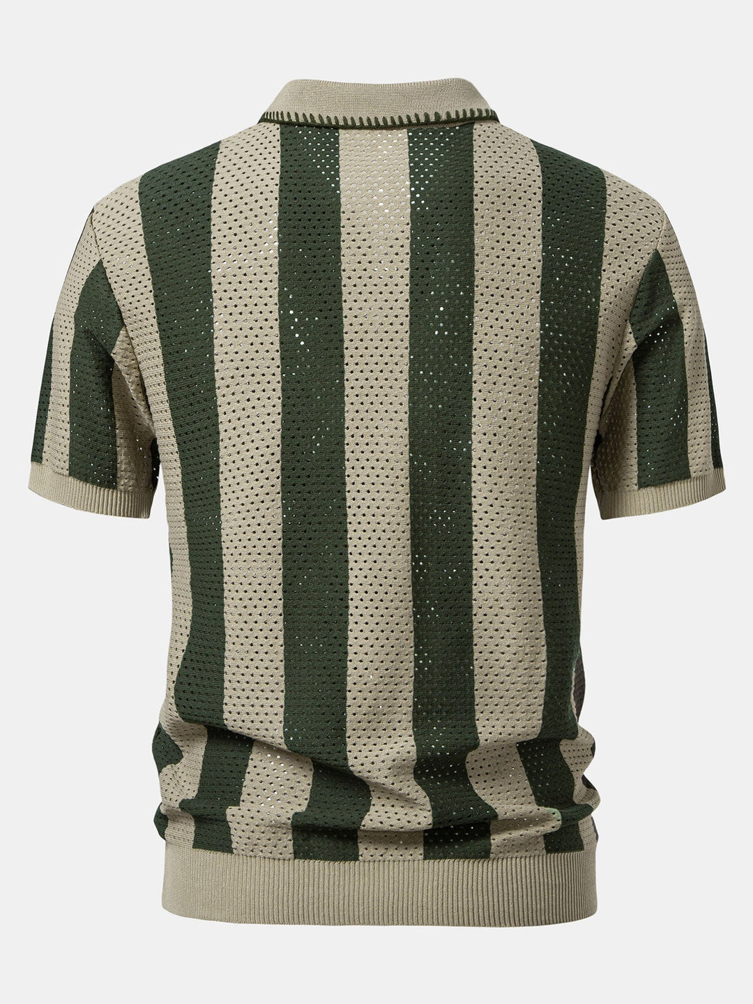 Striped Eyelet Knit Zip Up Polo Shirt &amp; Straight Leg Linen Pants