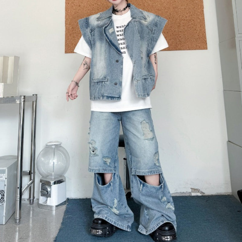 Distressed Collar Loose Denim Vest and Ripped Denim Trousers Suit