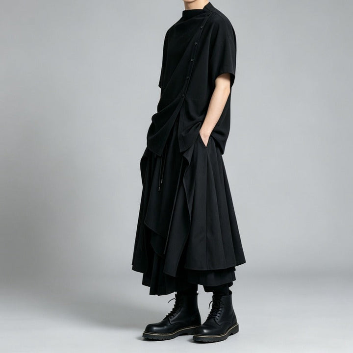 Japanese Loose Shirt and Asymmetrical Skirt-Pants Two-piece Set