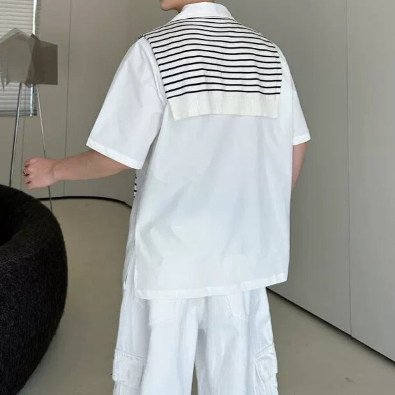 Striped Short-Sleeve Shirt with Shawl Detail