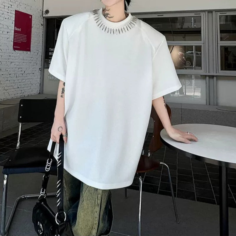 Hand-Beaded Neckline Short-Sleeve Shoulder Pads T-Shirt