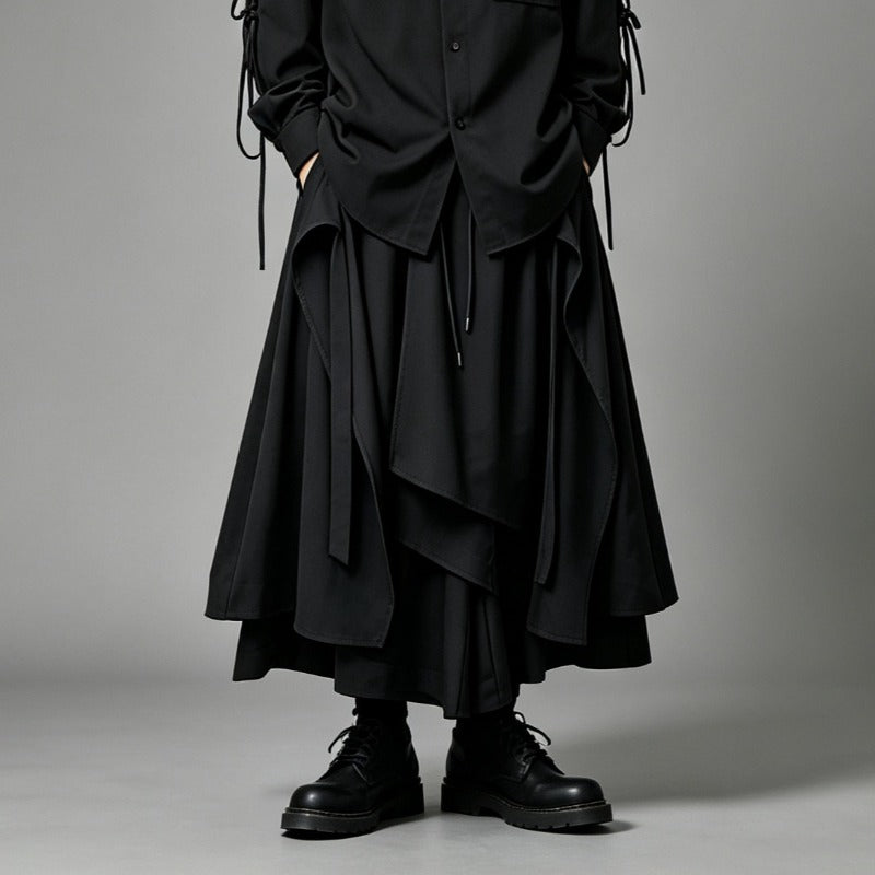 Japanese Loose Asymmetrical multi-layered Shirt and Skirt-Pants Two-piece Set