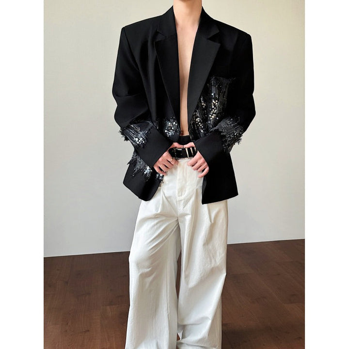 Black Sequin-Paneled Blazer with Shoulder Pads