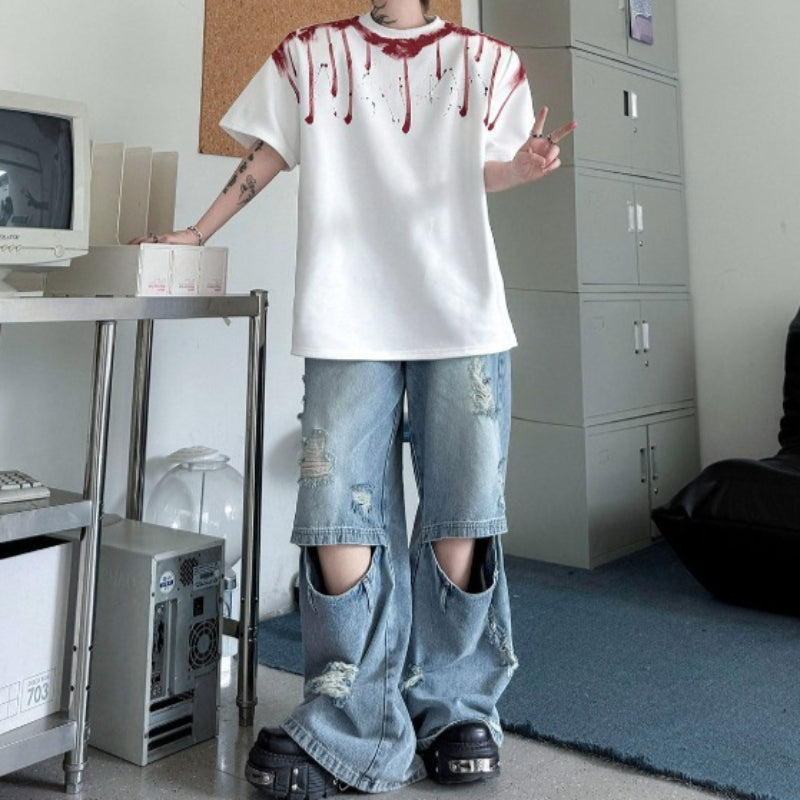 Round Neck Hand-painted Geometric Pattern Loose T-shirt