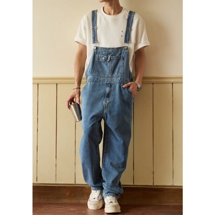 Retro Straight-Leg Cargo Denim Overalls