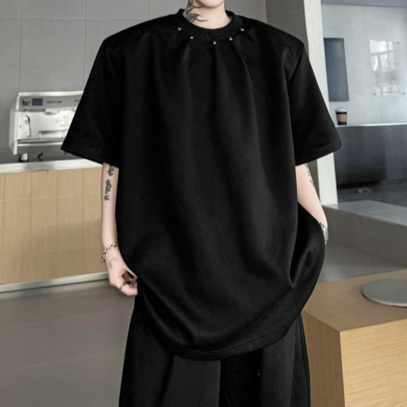 Crew Neck Loose T-shirt with Pleats and Studs