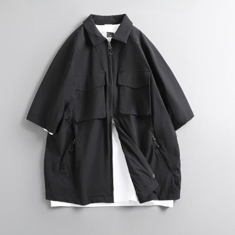 Multi-pocket Loose Two-way Zip Collar T-shirt