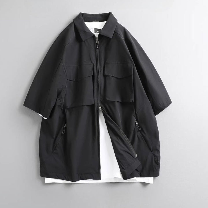 Multi-pocket Loose Two-way Zip Collar T-shirt