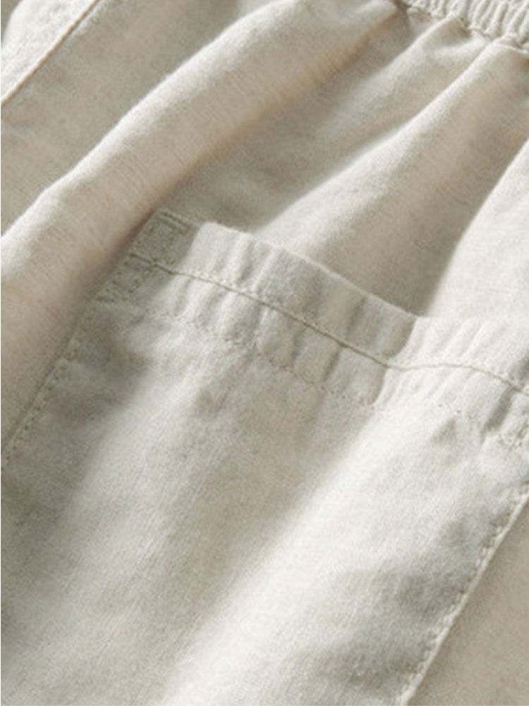 Relax Fit Crochet V Neck Knit Polo &amp; Straight Leg Linen Pants