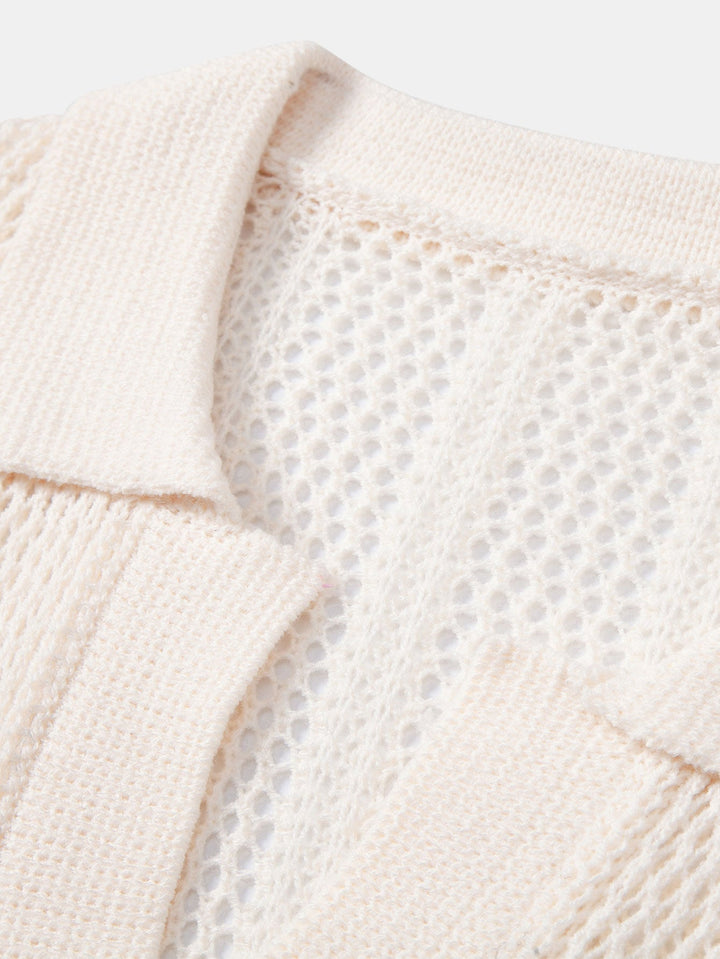 Relax Fit Crochet V Neck Knit Polo &amp; Straight Leg Linen Pants