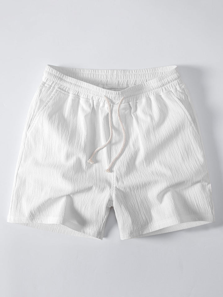 Relax Fit Crocheted V Neck Polo &amp; Crinkle Textured Drawstring 5" Shorts