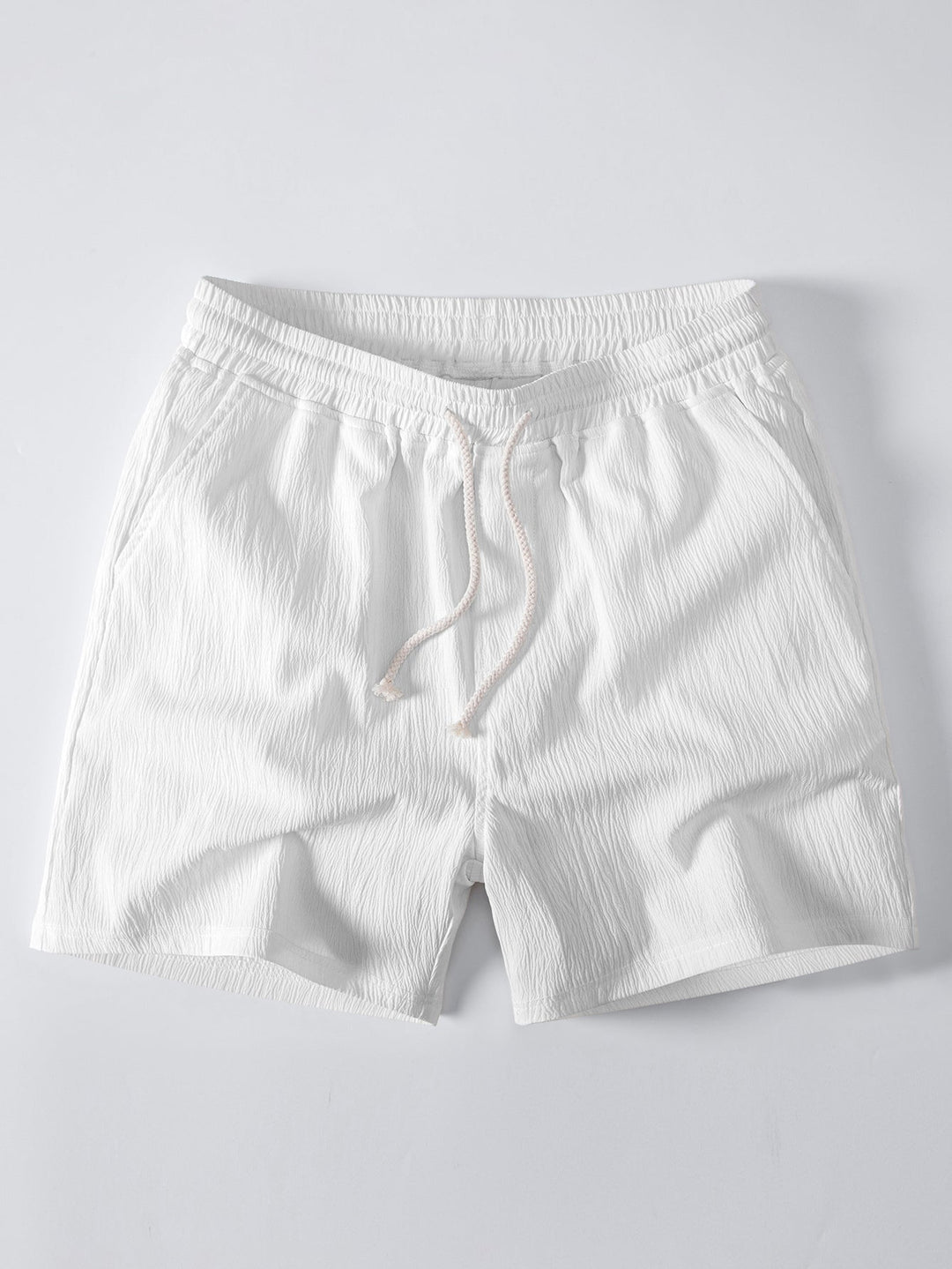 Striped V Neck Open Knit Polo &amp; Crinkle Textured Drawstring 5" Shorts