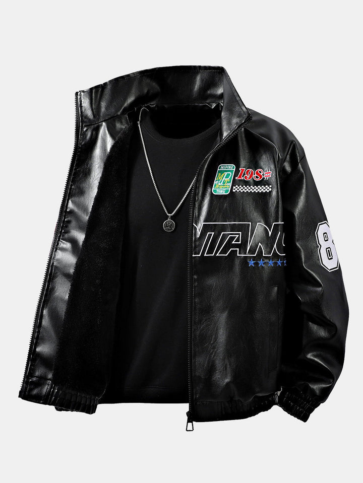 Fleece Lined Embroidery Leather Racing Jacket