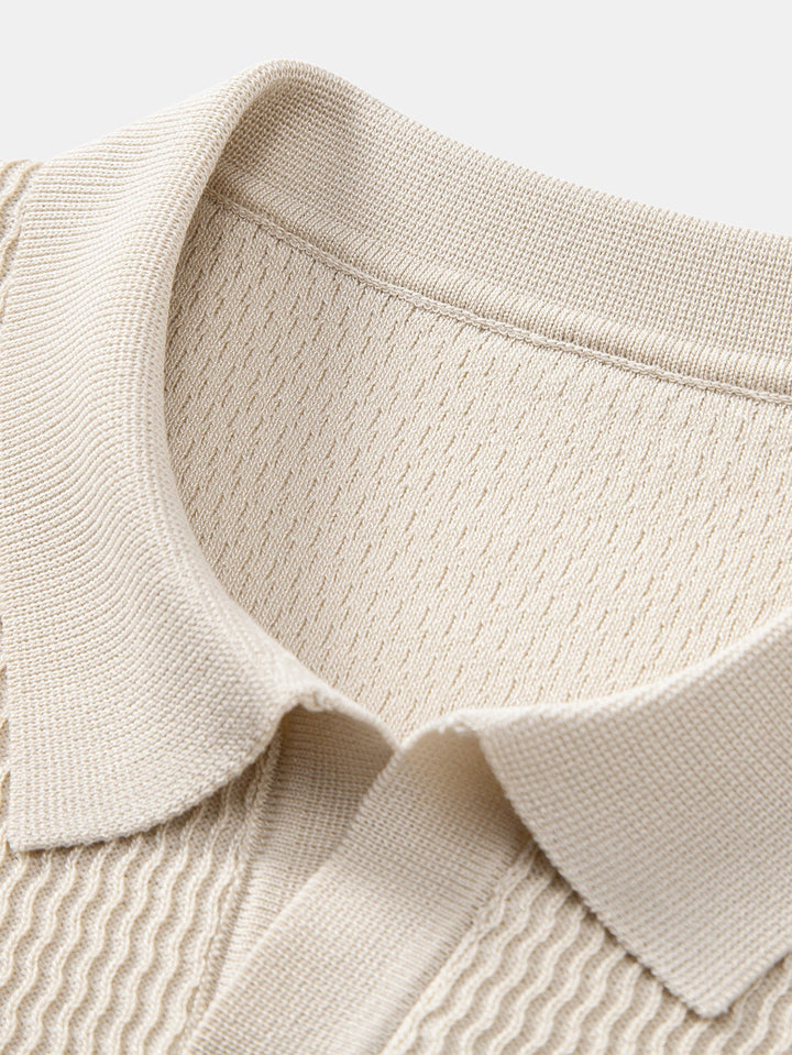 Wave Jacquard Knit V Neck Polo Shirt &amp; Cotton Chino Shorts