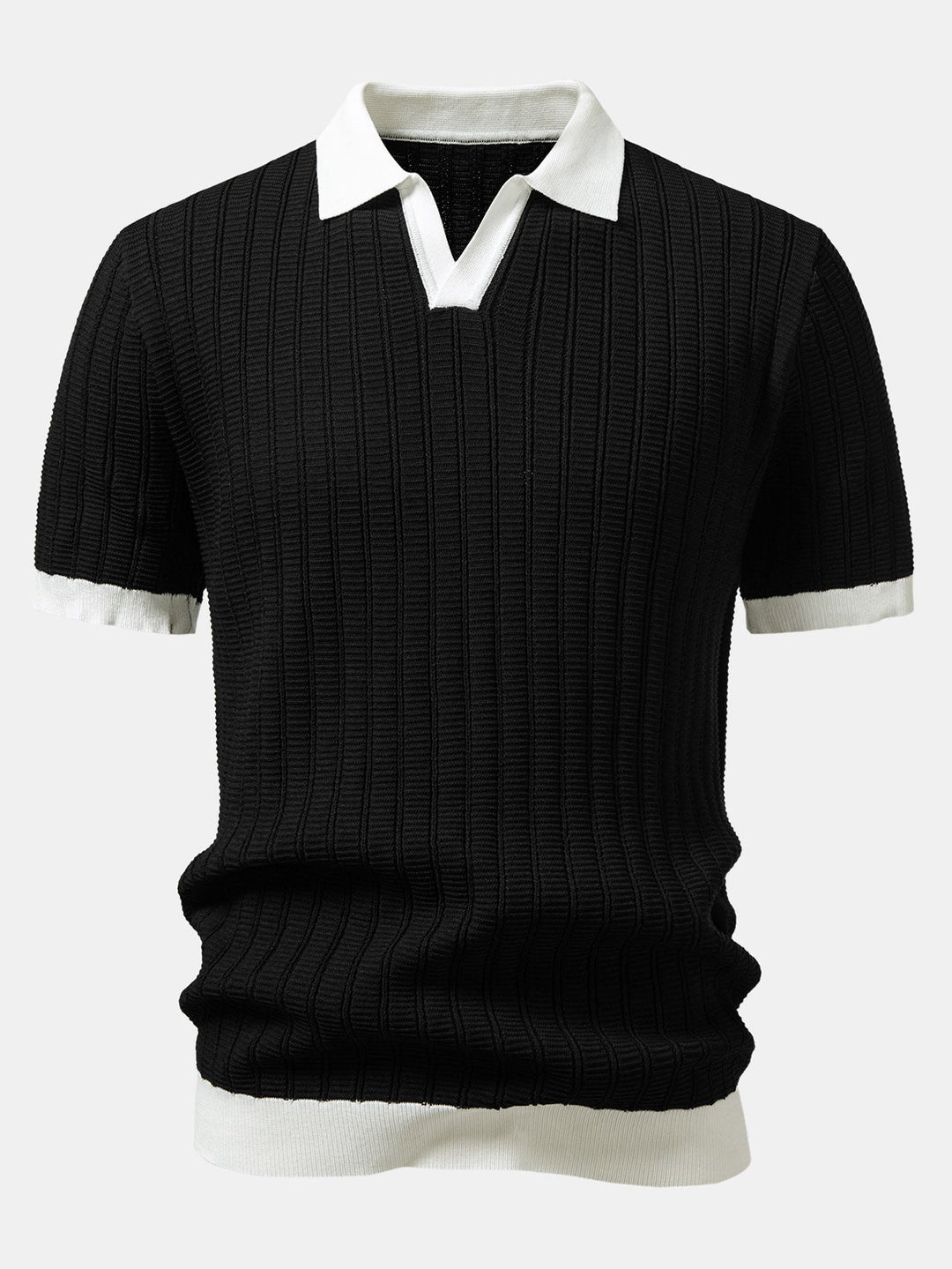 Contrast Textured Johnny Collar Knit Polo &amp; Crinkle Textured Straight Leg Pants