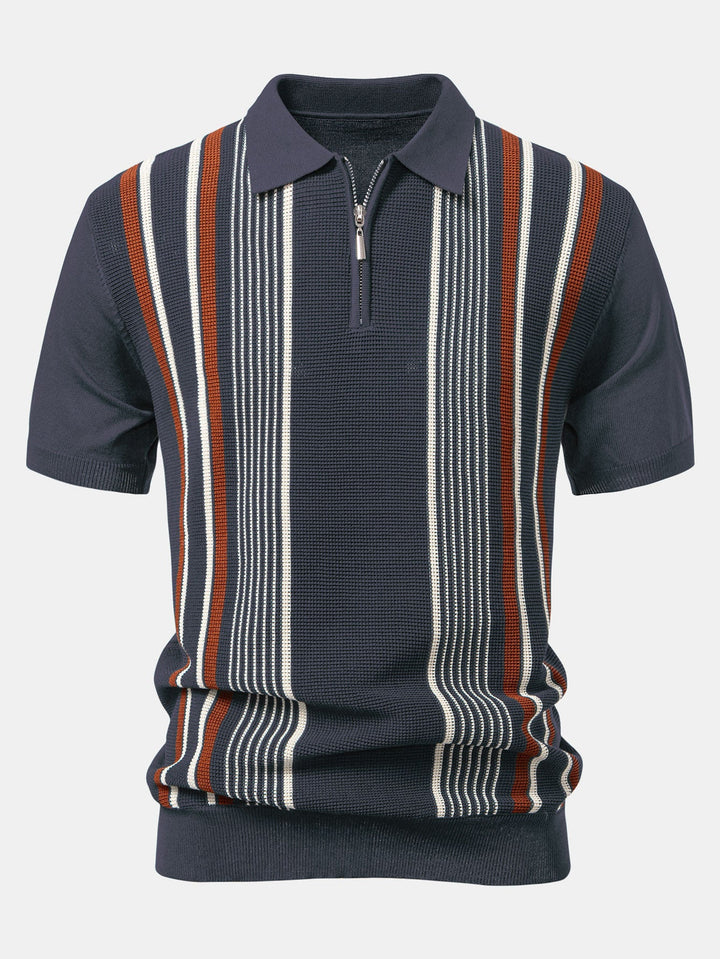 Stripe Knit Zip Up Polo Shirt &amp; Straight Leg Linen Pants