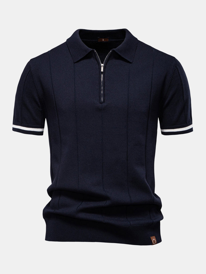 Contrast Trim Zipper Knit Polo Shirt &amp; Elastic Waist Chino Shorts