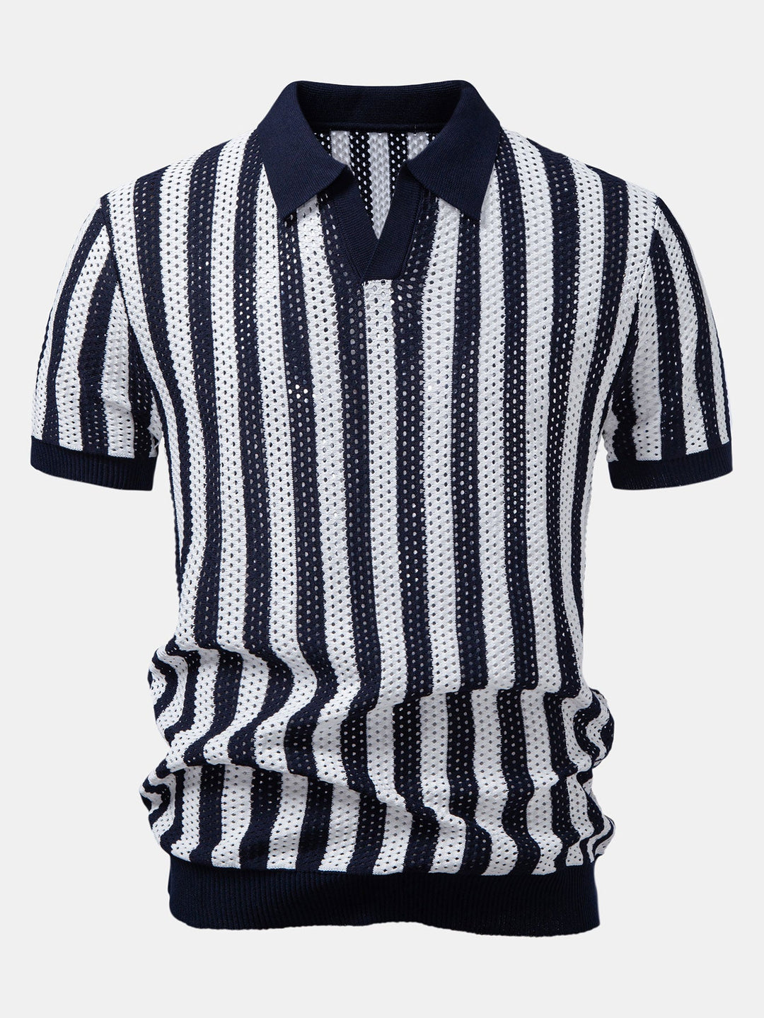 Stripe Johnny Collar Open Knit Polo &amp; Straight Leg Linen Pants