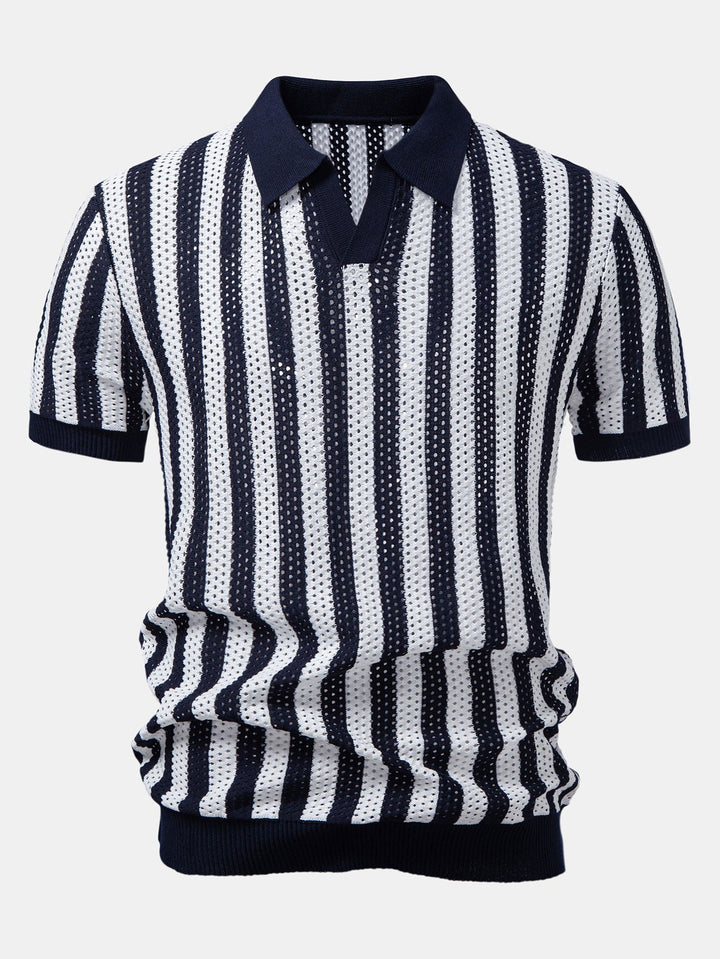 Stripe Johnny Collar Open Knit Polo &amp; Straight Leg Linen Pants