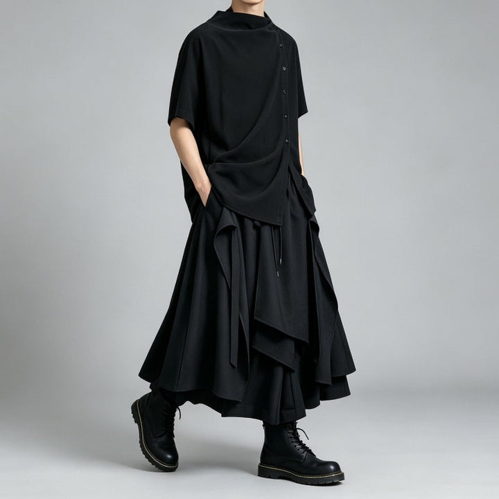 Japanese Loose Shirt and Asymmetrical Skirt-Pants Two-piece Set