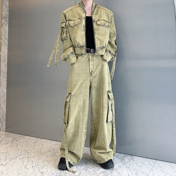 Washed Multi-pocket Workwear Denim Suit