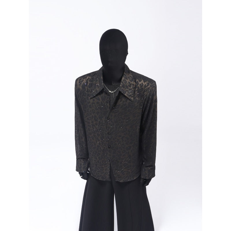 Sheer Gold Foil Leopard Print Shoulder-Pad Shirt