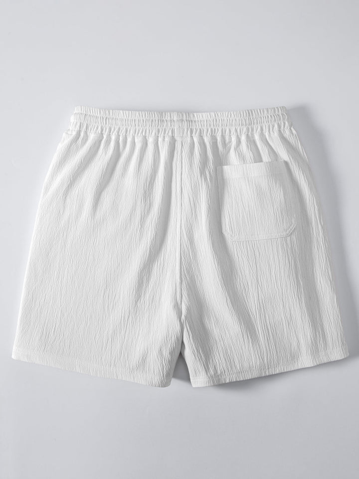 Striped V Neck Open Knit Polo &amp; Crinkle Textured Drawstring 5" Shorts