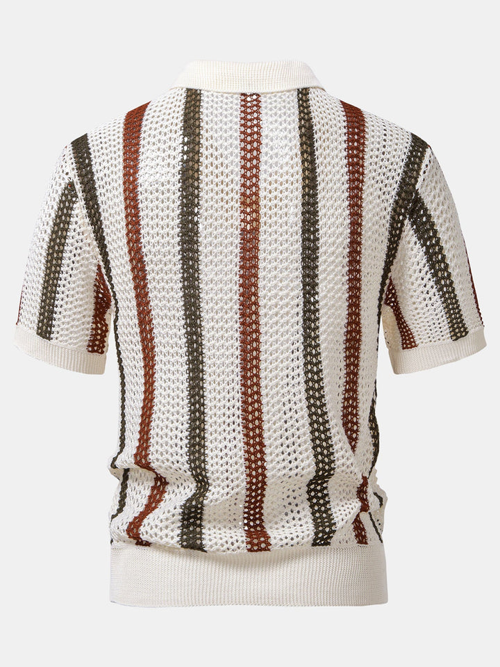 Striped Crochet V Neck Polo &amp; Crinkle Textured Drawstring 5" Shorts