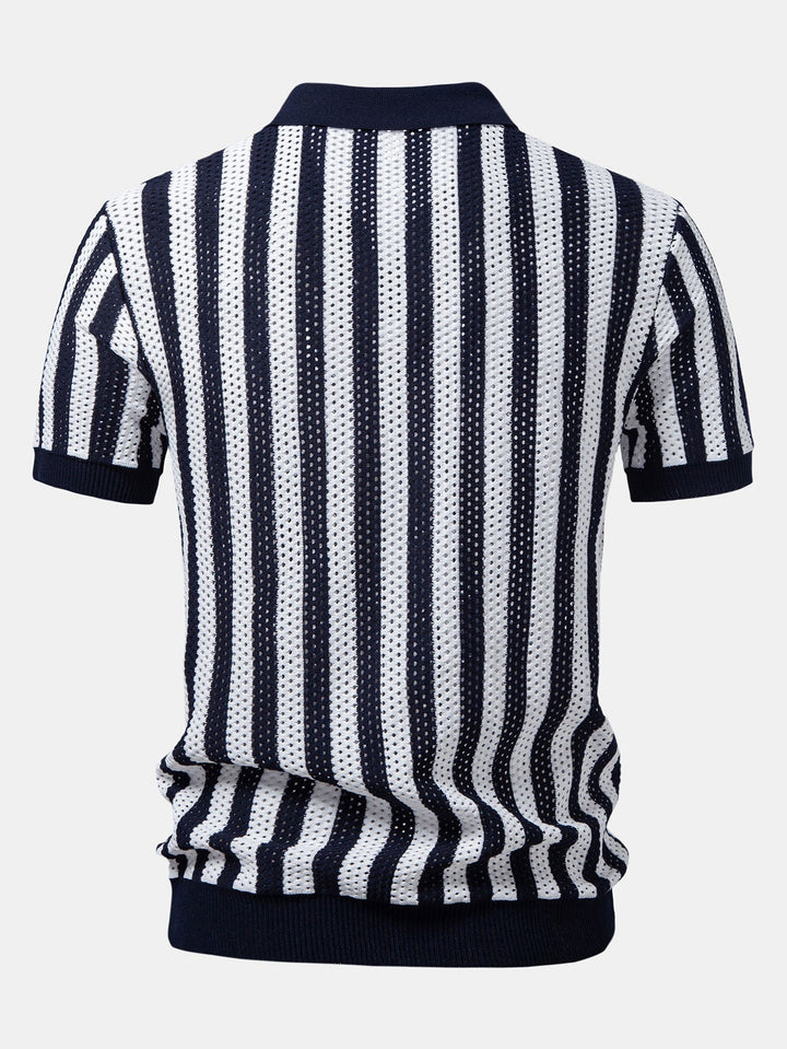 Stripe Johnny Collar Open Knit Polo &amp; Straight Leg Linen Pants