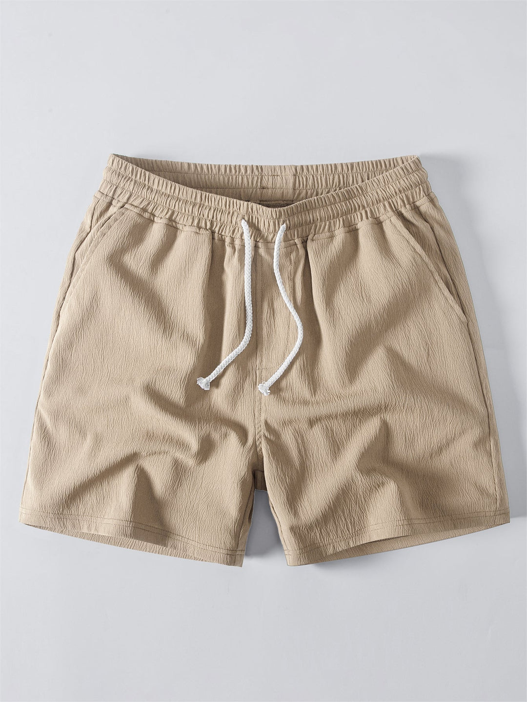 Striped Crochet V Neck Polo &amp; Crinkle Textured Drawstring 5" Shorts